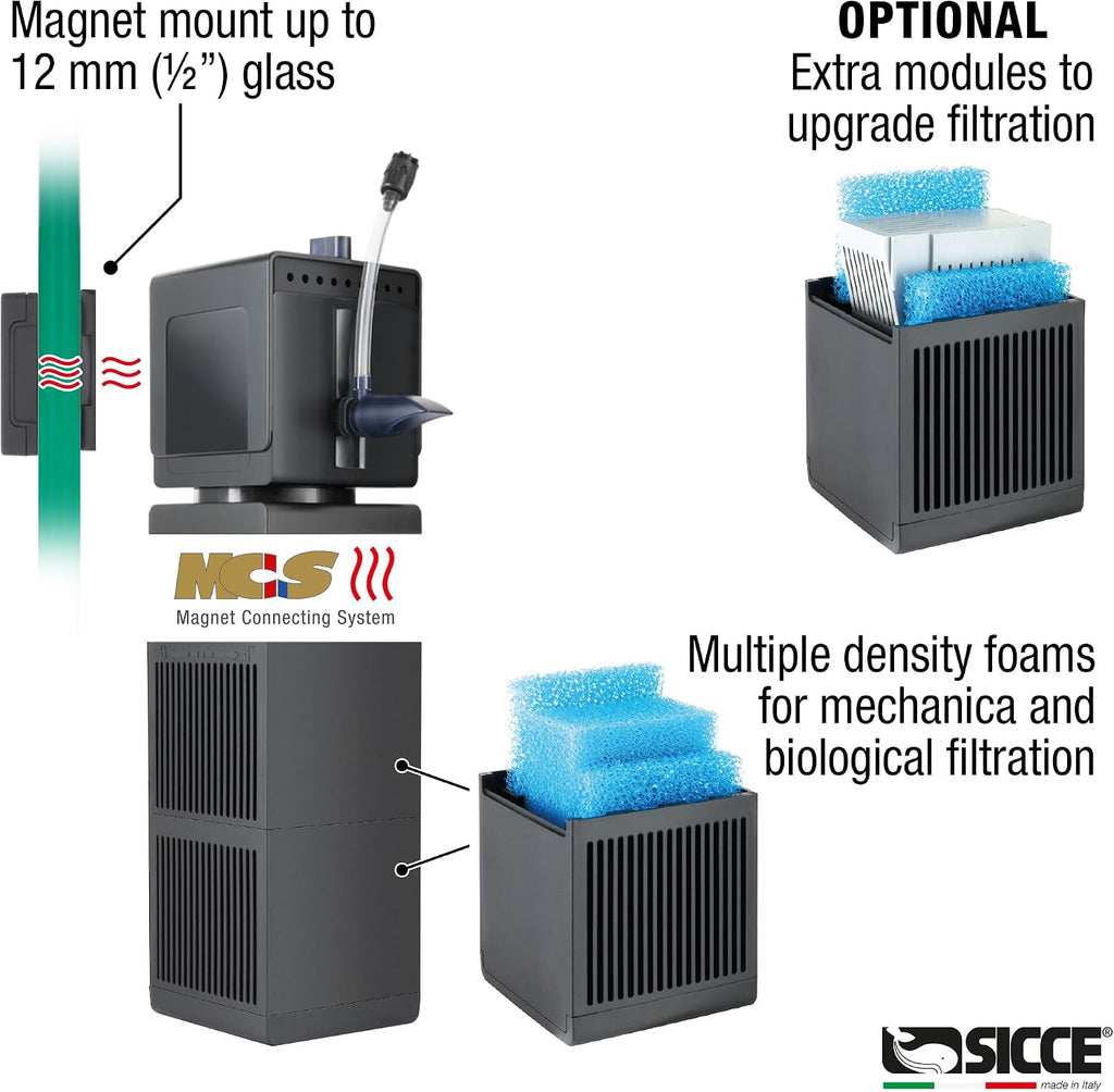 Sicce Shark PRO 500 Internal Aquarium Filter 140 GPH Submersible | Up to 37 Gallons | in-Tank Freshwater and Saltwater Application with Single Removable Filter Cartridge | Fish Tank Turtle Terrarium