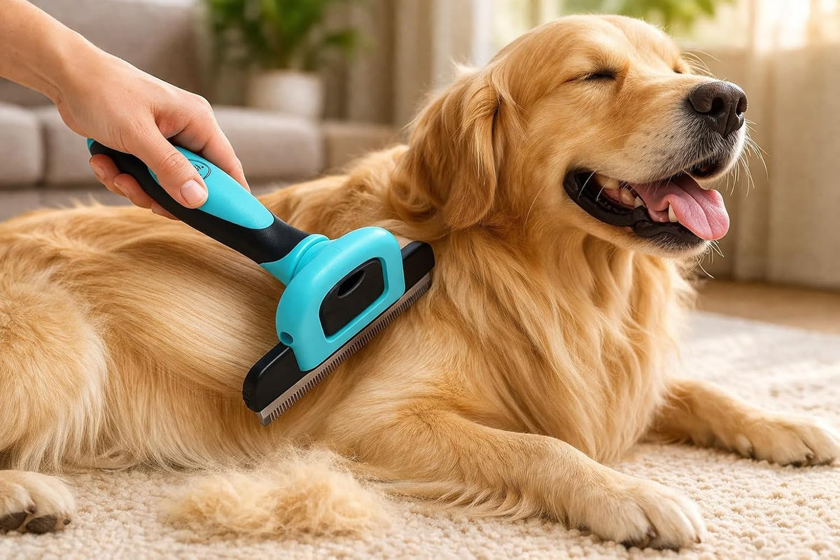 Dog Deshedding Brush & Undercoat Rake for Double-Coated & Medium/Long-Haired Dogs & Cats