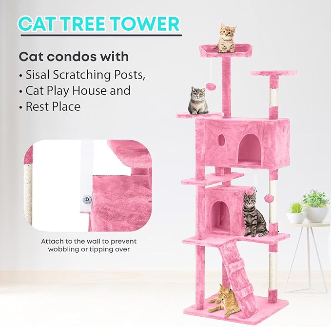 FDW | 70" Cat Tree Tower | Pink | Multi-Level Indoor Activity Center - Image 6