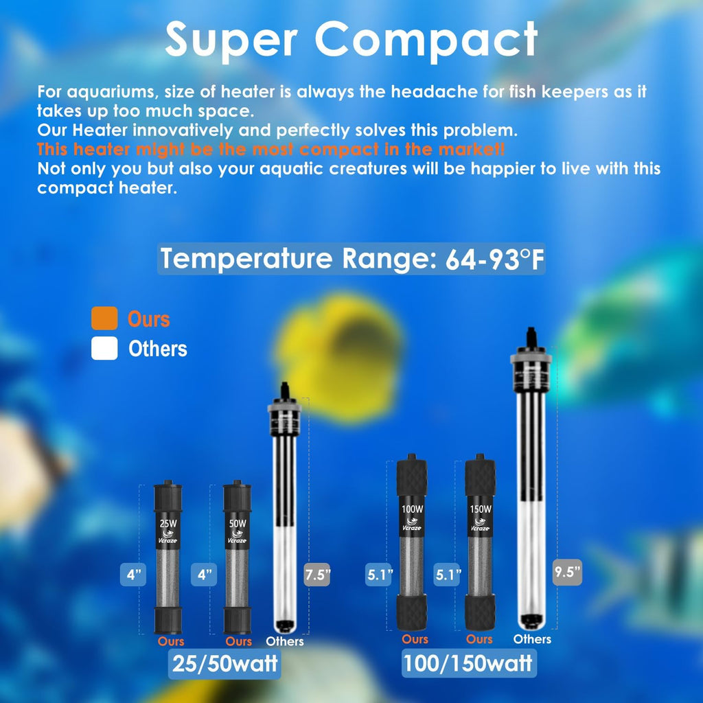 25W Compact Adjustable Aquarium Heater with Dry-Run & Overheat Protection