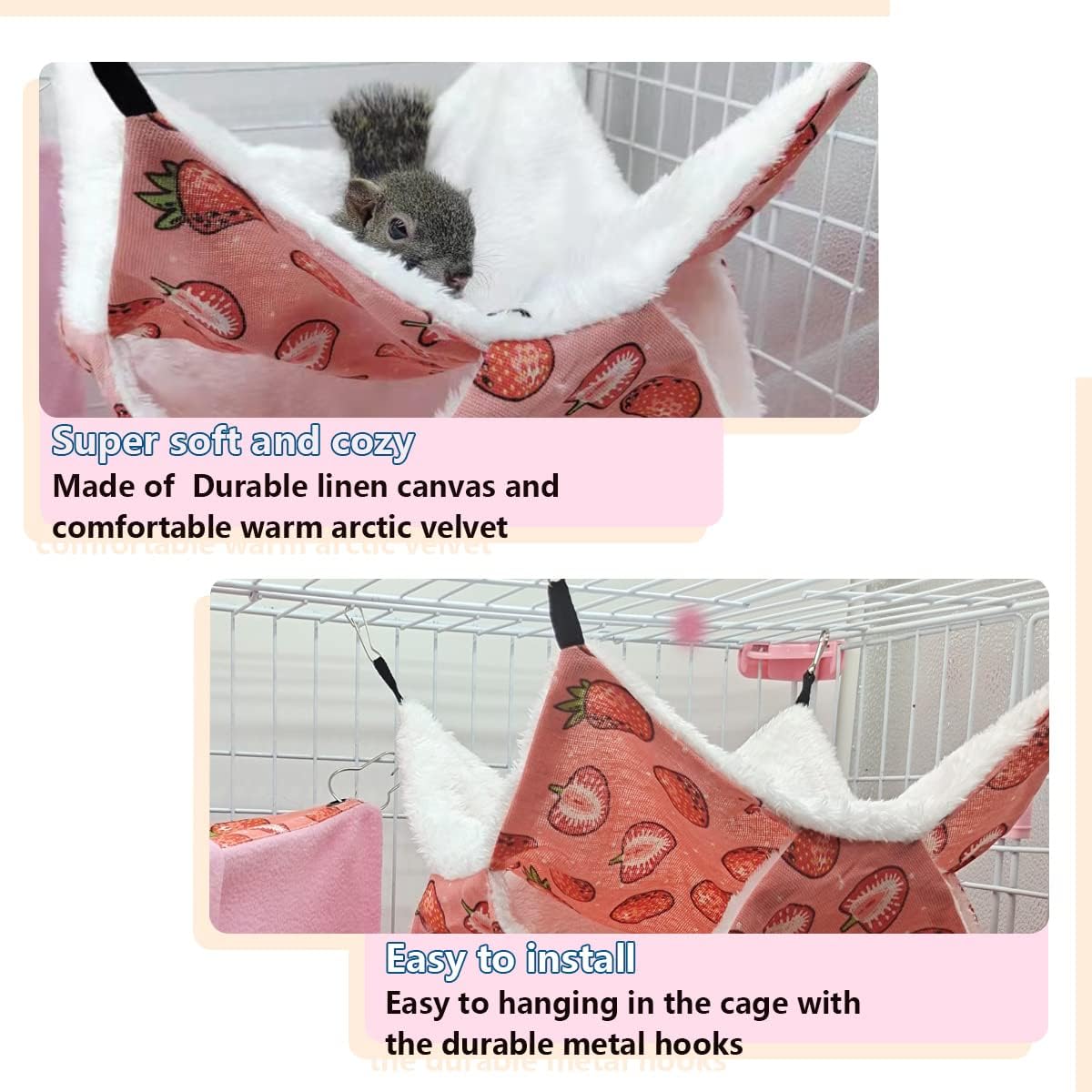 LEFTSTARER Pet Small Animal Hanging Hammock Ferret Bunkbed Hammock Cage Toy for Hamster Rat Sugar Glider Parrot Guinea Pig Hideout Play Sleep (Strawberry Hammock and Corner Hideout)