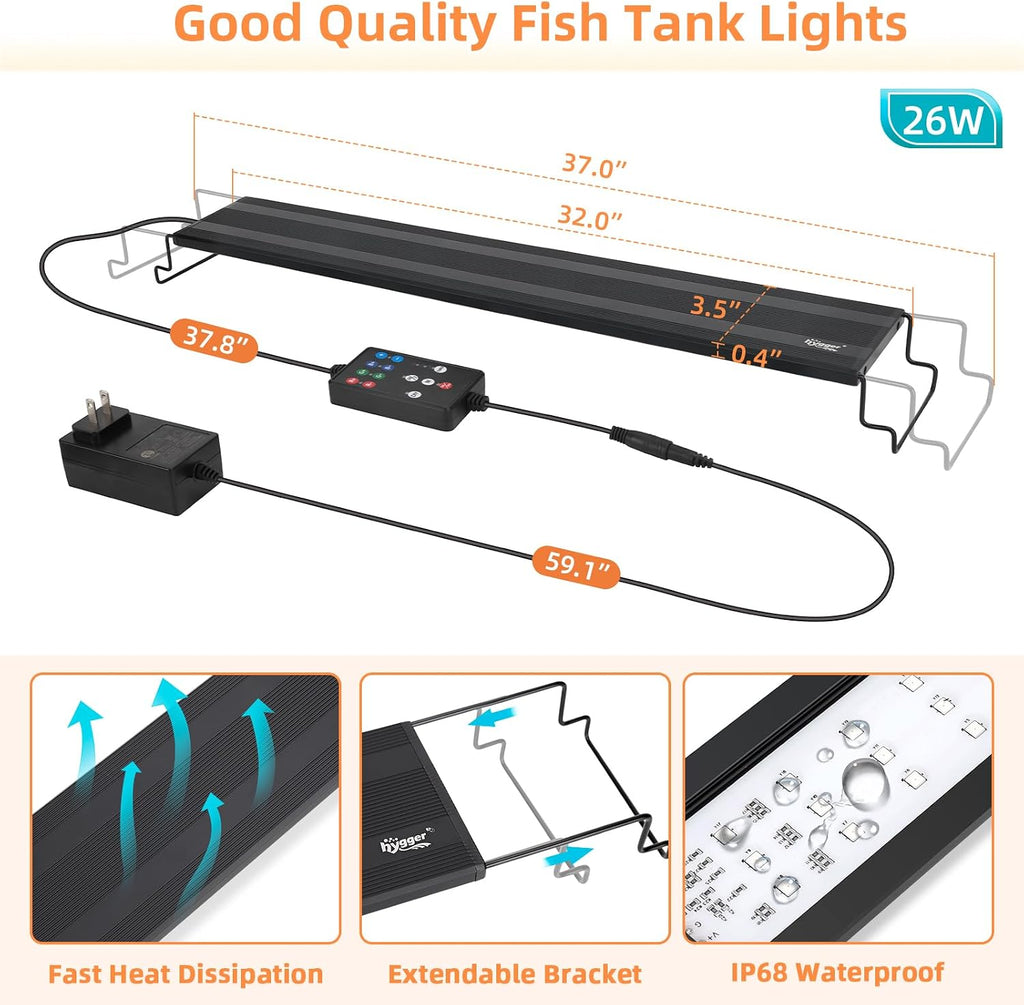 hygger LED Aquarium Light, 26W Full Spectrum Fish Tank Light with Multi-Color Timer DIY Mode 24/7 Natural Mode, Adjustable Brightness, Aquarium Plant Light with Extendable Brackets for 32~37IN Tank
