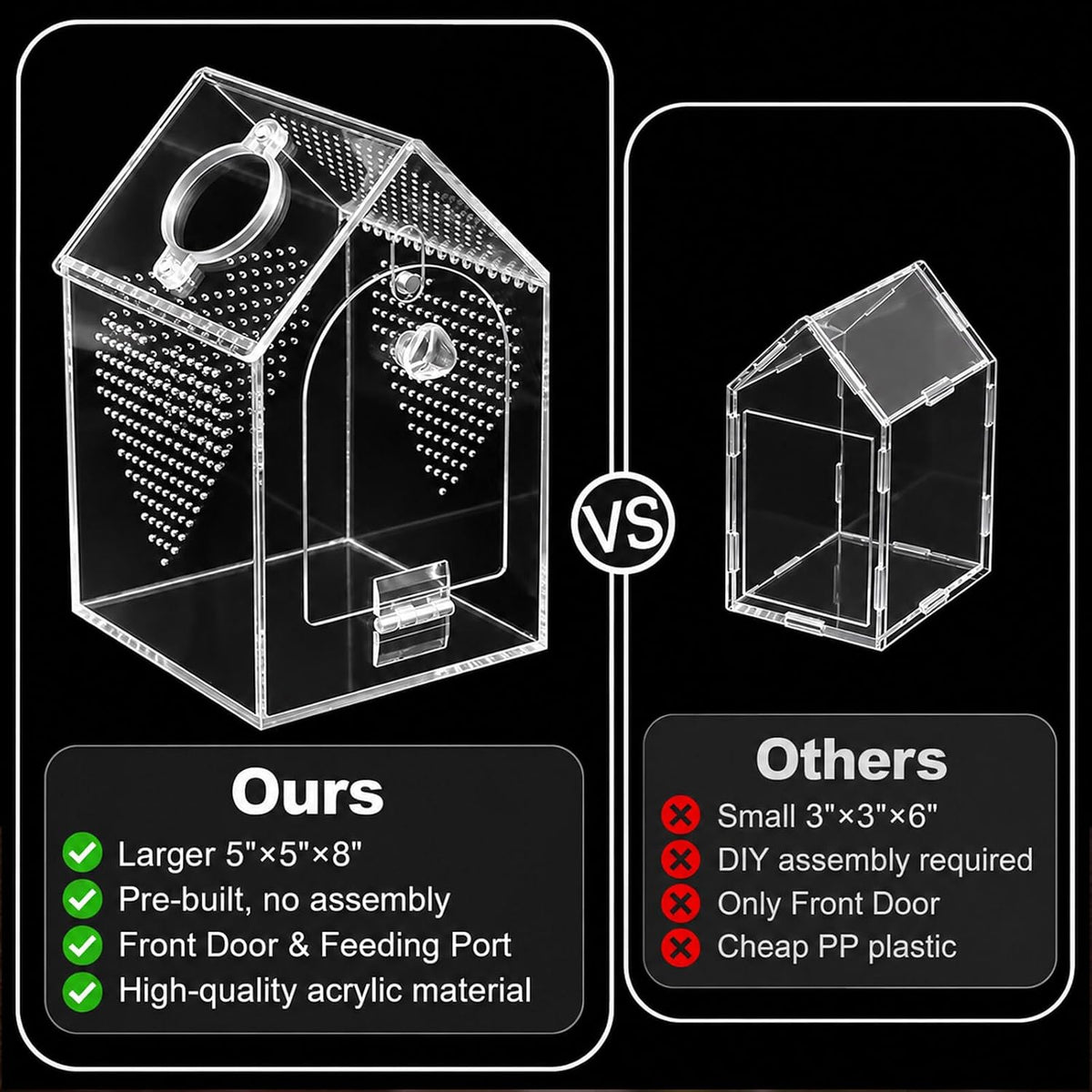Jumping Spider Enclosure, Clear Acrylic Arboreal Terrarium with Front Opening Door, Escape-Resistant Ventilation, Starter Habitat Kit with Accessories for Sling, Baby Spiders and Praying Mantis