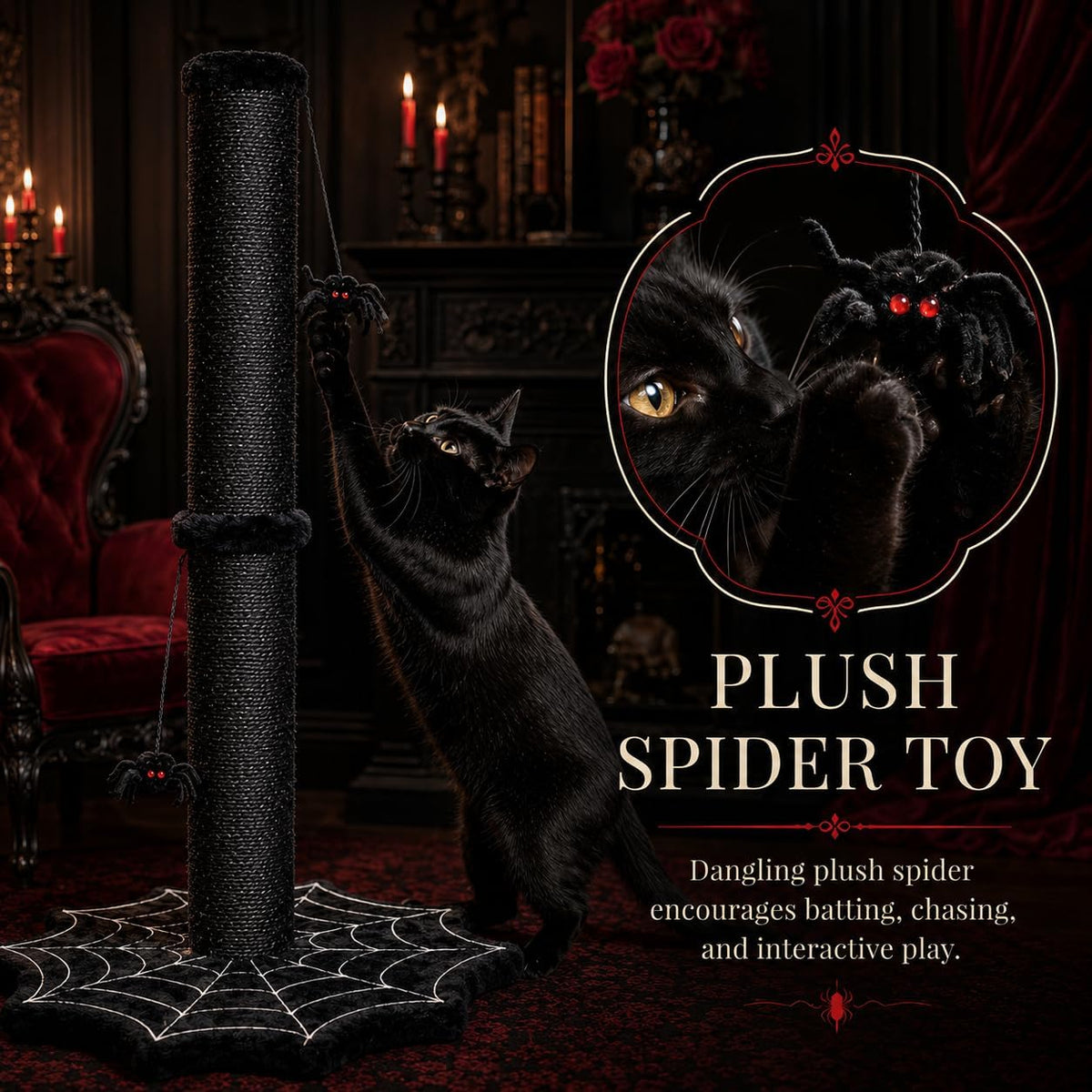 Gothic Cat Scratching Post with Spider Toys for Indoor Cats