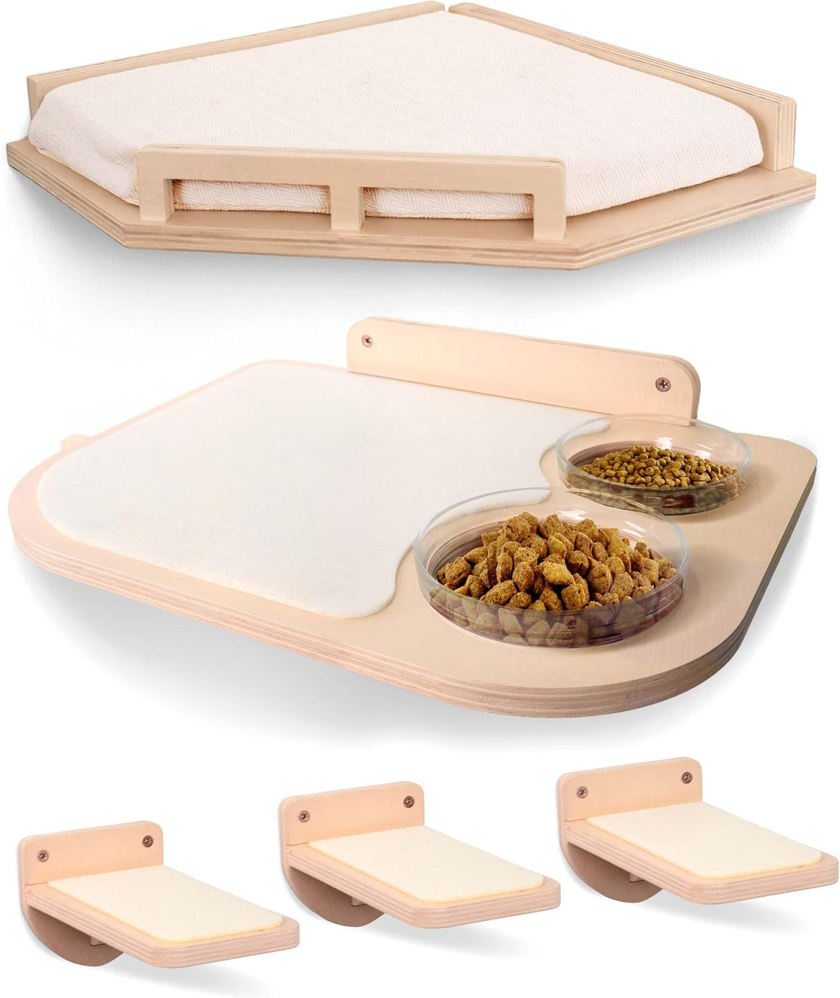 INICO Cat Wall Shelves and Feeding Shelf Bundle - Wall Mounted Cat Furniture with Climbing Shelves and Pet Feeder – Durable and Easy to Install Birch Pet Stairs for Up to 15lbs Cats - Wood Brown