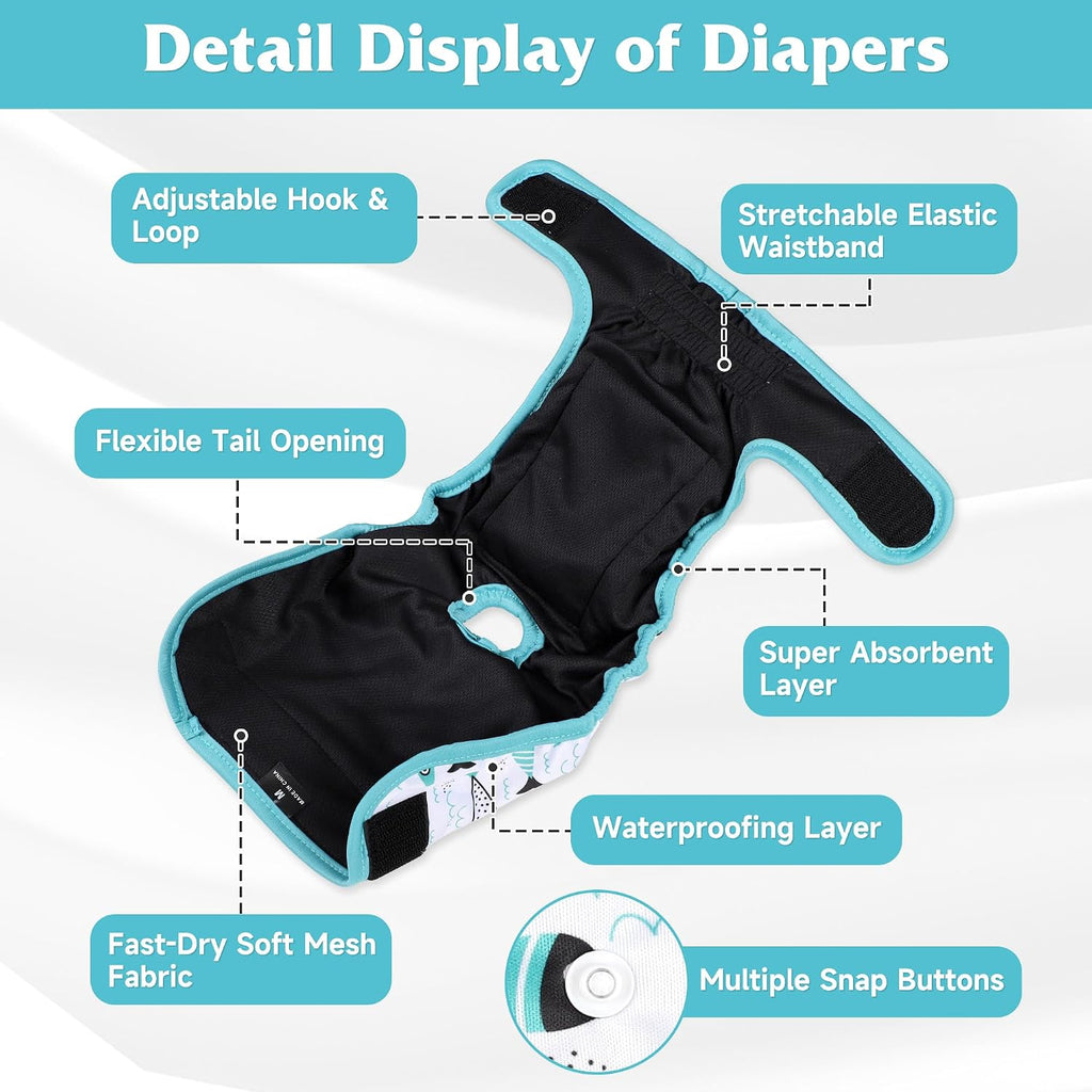 5 Pack Reusable Diapers for Doggie, Washable Dog Diapers Female for Pet in Heat, Small Dog Diapers Female, Ocean