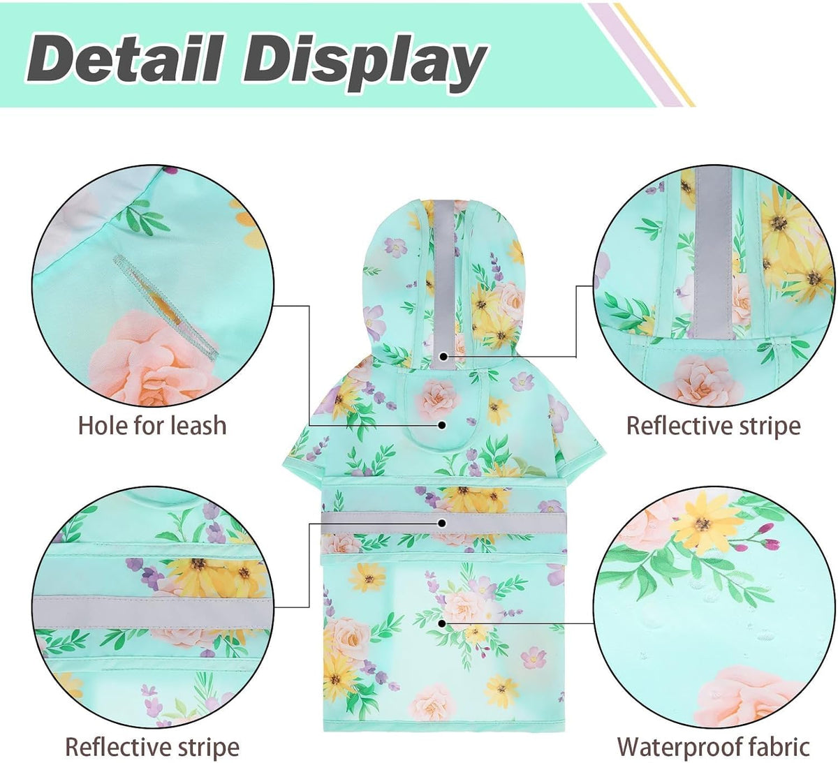 KOOLTAIL Dog Raincoat Hooded Slicker Poncho with Leash Hole, Rain Coat for Small Medium Dogs, Waterproof Doggie Rain Jacket with Reflective Strip, Adjustable Lightweight Puppy Rainwear, Green Flower S