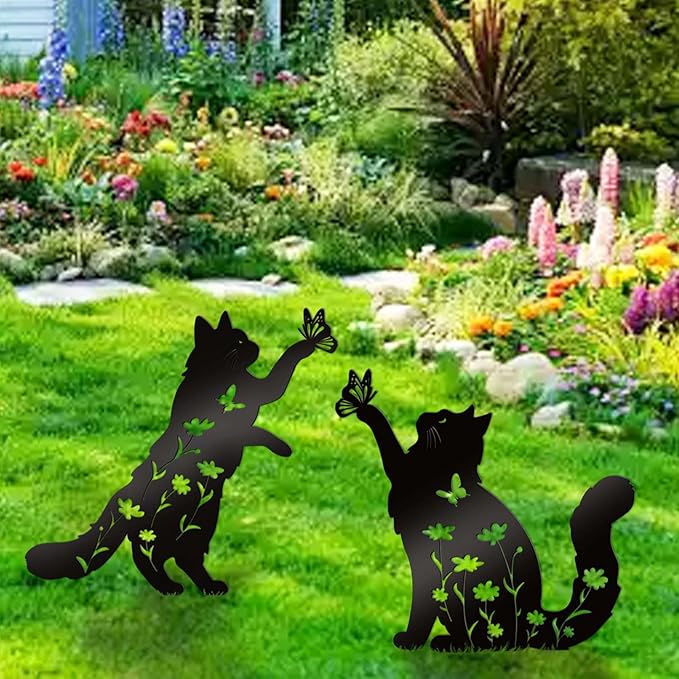 Bnesi Floral Long-Haired Cat Yard Decor Pet Grave Markers Metal Sign Silhouette - Image 5