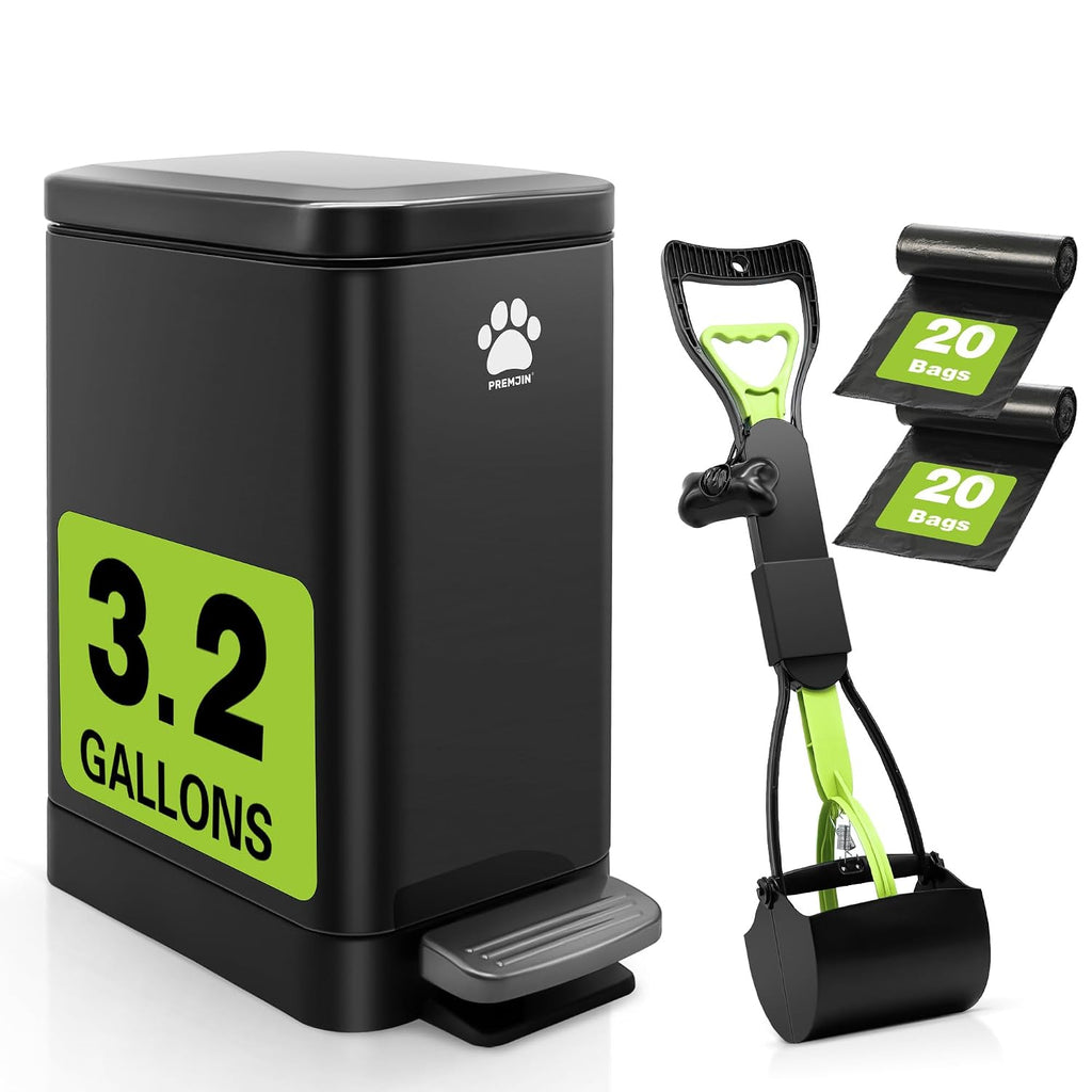 Dog Poop Trash Can with Scooper, 12L Outdoor Metal Waste Bin for Yard