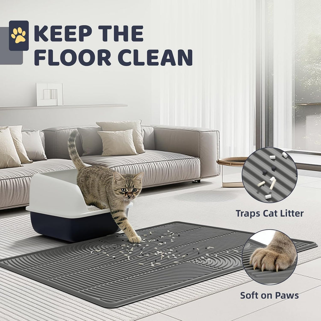 Cat Litter Mat 40"x28" - Soft Silicone & Leak-Proof Large Litter Mat, Non-Slip Cat Litter Trapping Mat for Multiple Cats, Easy to Clean & Durable for All Types (Gray)