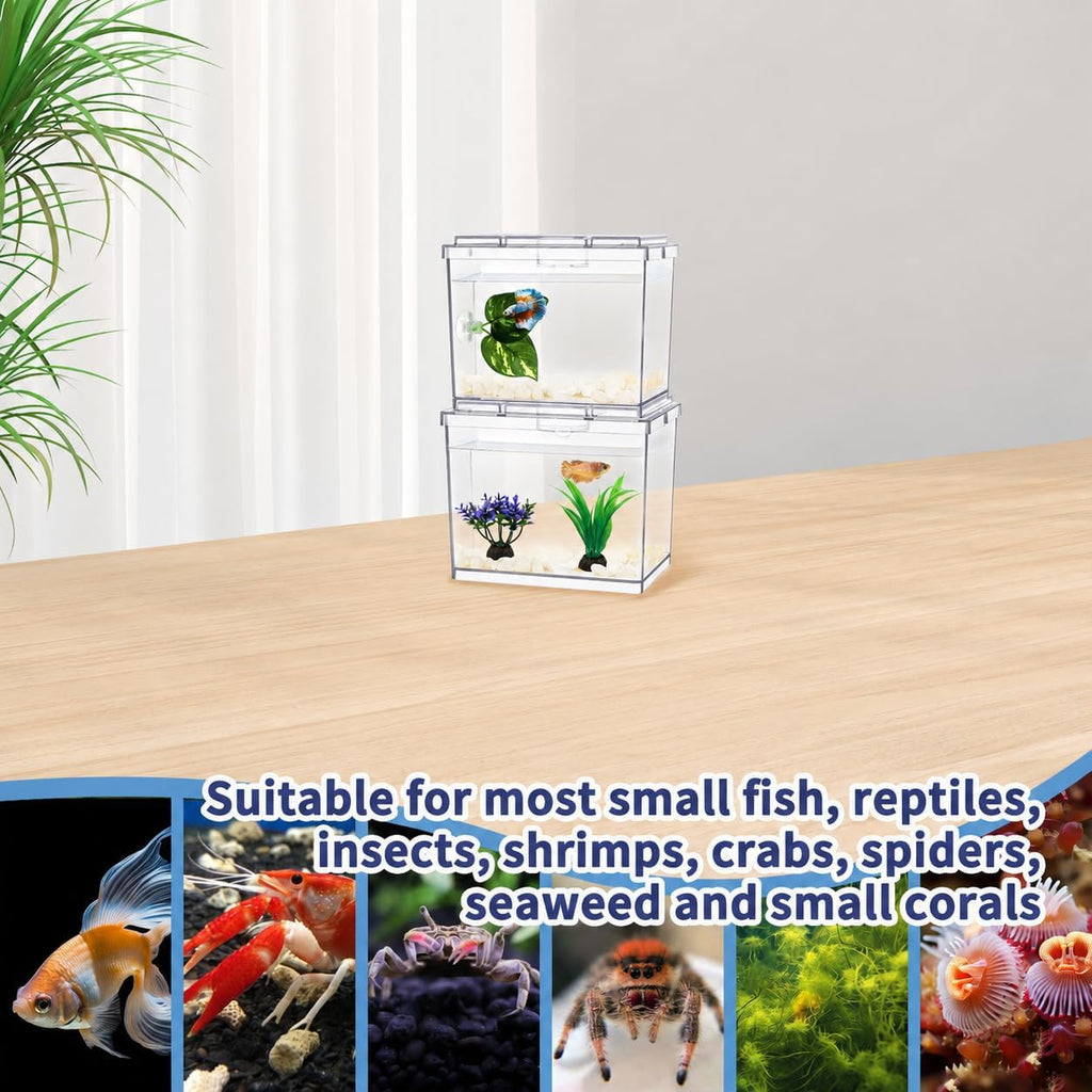 MoonOrange Mini Betta Fish Tank, Small Fish Bowl for Temporary Space, 0.2 Gallon Stackable Cube Tank with Artificial Plants and Gravels for Small Fish, Insect, Shrimp, Crab, Spider.(Pack-2)