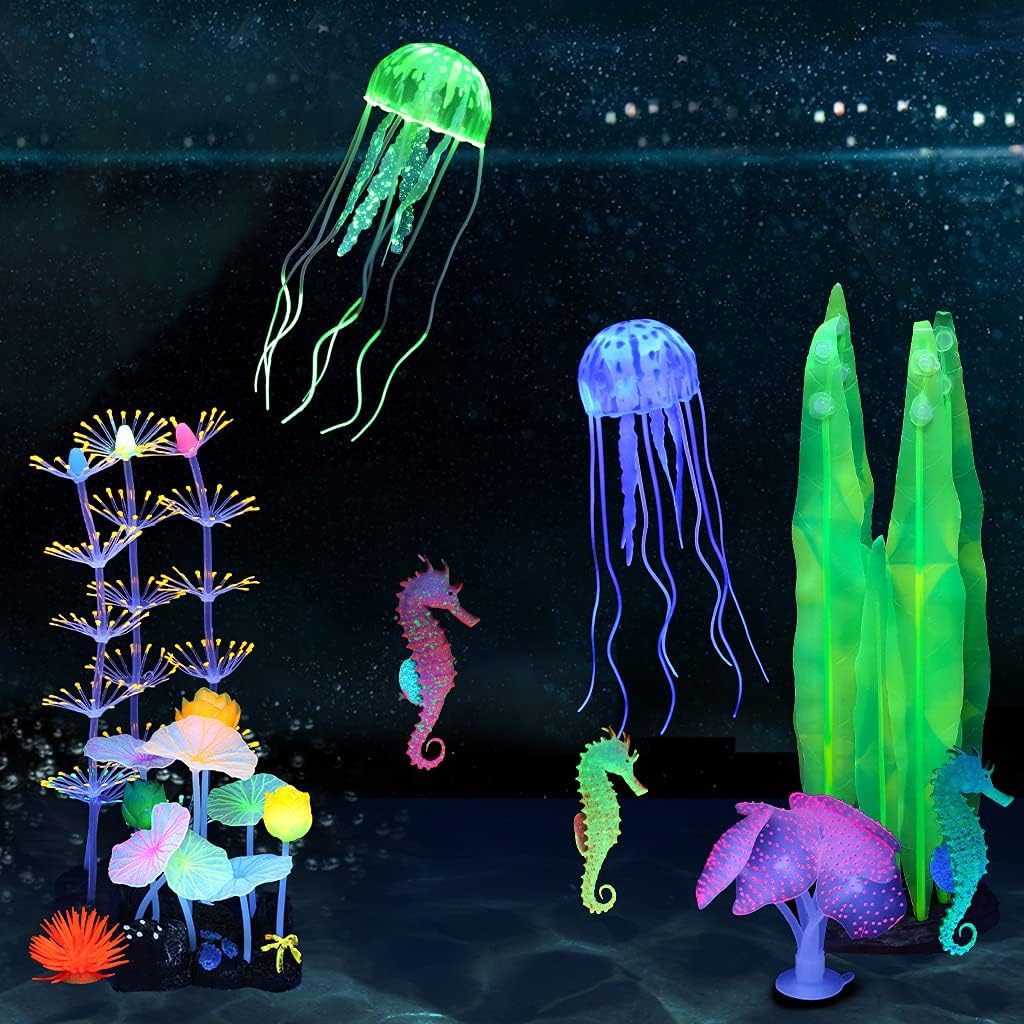 4 Pack Glow Aquarium Decorations Coral Reef Glowing Mushroom Anemone Simulation Glow Plant Glowing Effect Silicone for Fish Tank Decorations