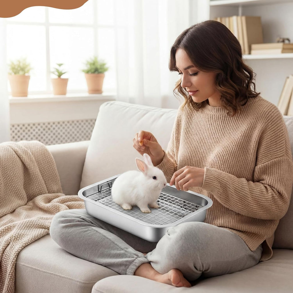 Maxcheck 2 Pcs Rabbit Litter Box, Stainless Steel Rabbit Litter Pan with 2 Grids, High Side Bunny Toilet Tray Potty Training Pan for Rats Ferret Bunny Guinea Pig(S 14.2''L x 11.2''W x 2.5''H)