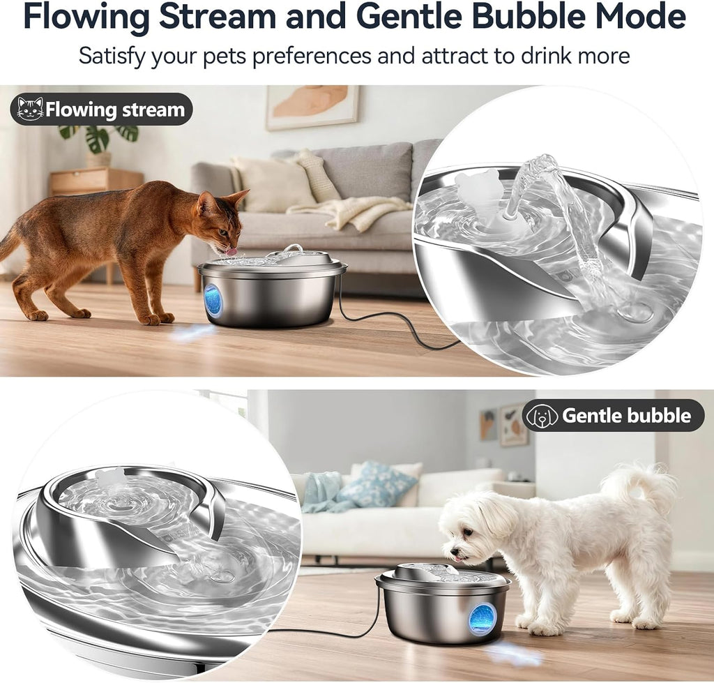 ORSDA Cat Water Fountain Stainless Steel, Automatic Pet Water Fountain, 67oz/2L Drinking Fountain Dog Water Dispenser with Water Level Window for Cats and Small Dogs- 3 Filters +1 Pump Sponges (D36)