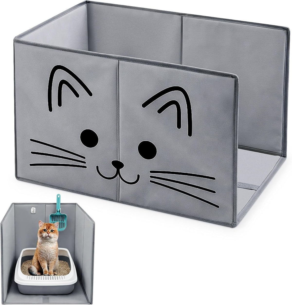 24"L×16.14"W×16.14"H Foldable Cat Litter Box Enclosure Splash Guard with Removable Mat, Cat-print Casing, Large High Sided for Litter Pan Water Resistant Easy Clean Anti-leakage Pee Shields