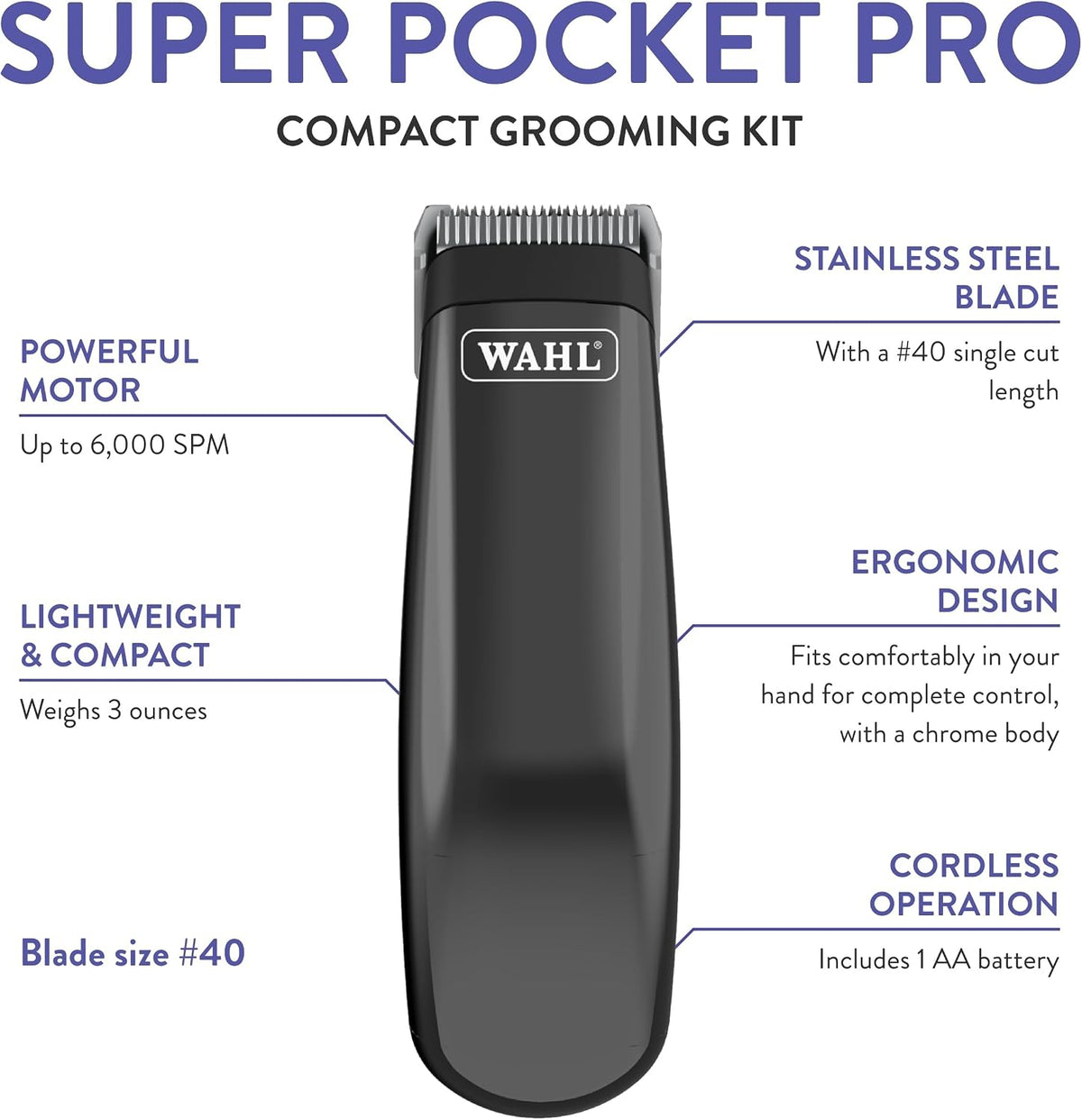 Wahl Professional Animal Super Pocket Pro Trimmer Kit, Black Chrome