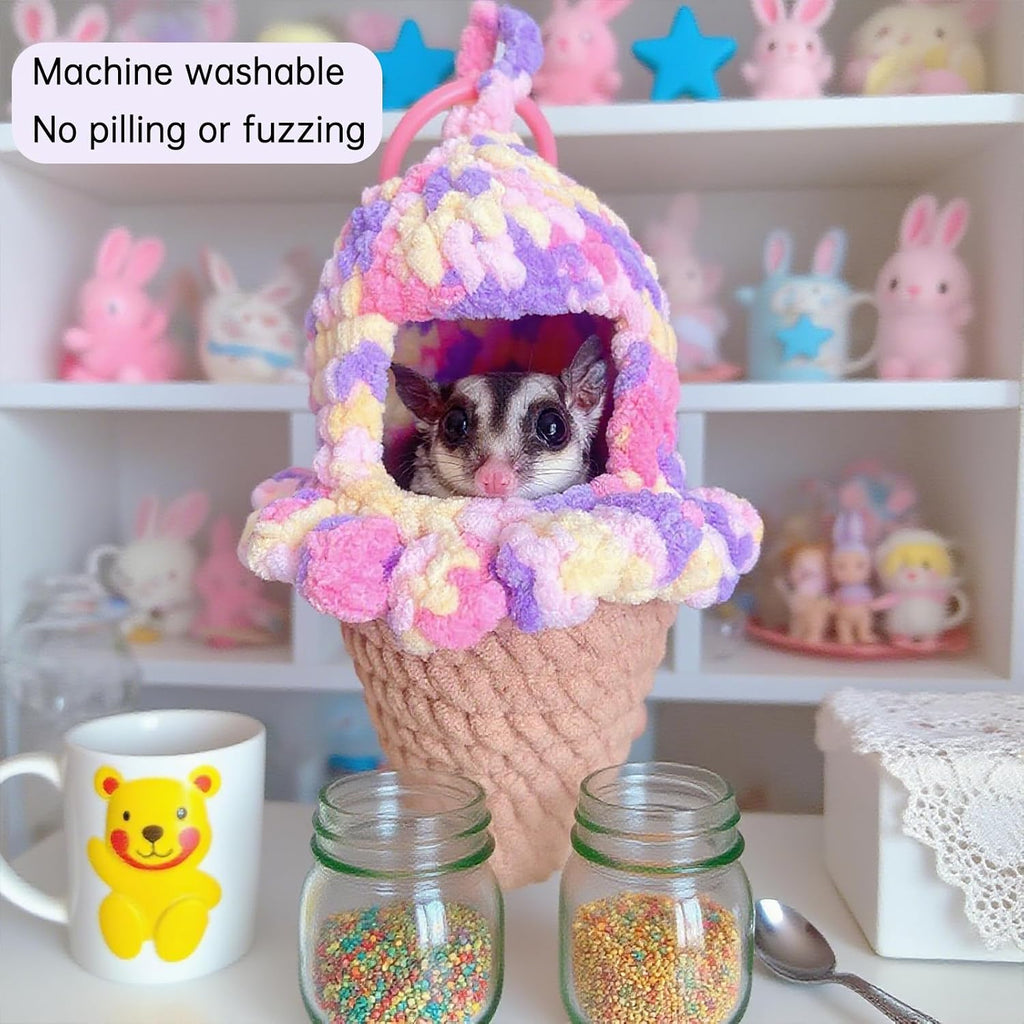 Ice-cream-shape Sugar Glider Bed, Hand-woven Hamster Hammock Gerbil Sleeping Bag Bedding Decoration Perfect Mouse Hideout Small Animal Cage Accessories Suitable for Bear Hedgehog, Color Random