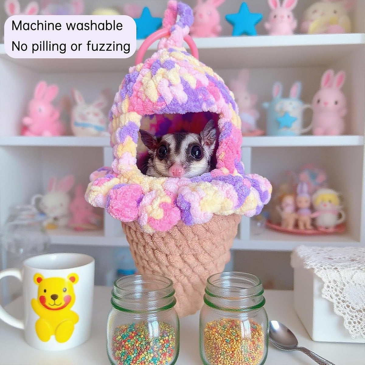 Ice-cream-shape Sugar Glider Bed, Hand-woven Hamster Hammock Gerbil Sleeping Bag Bedding Decoration Perfect Mouse Hideout Small Animal Cage Accessories Suitable for Bear Hedgehog, Color Random