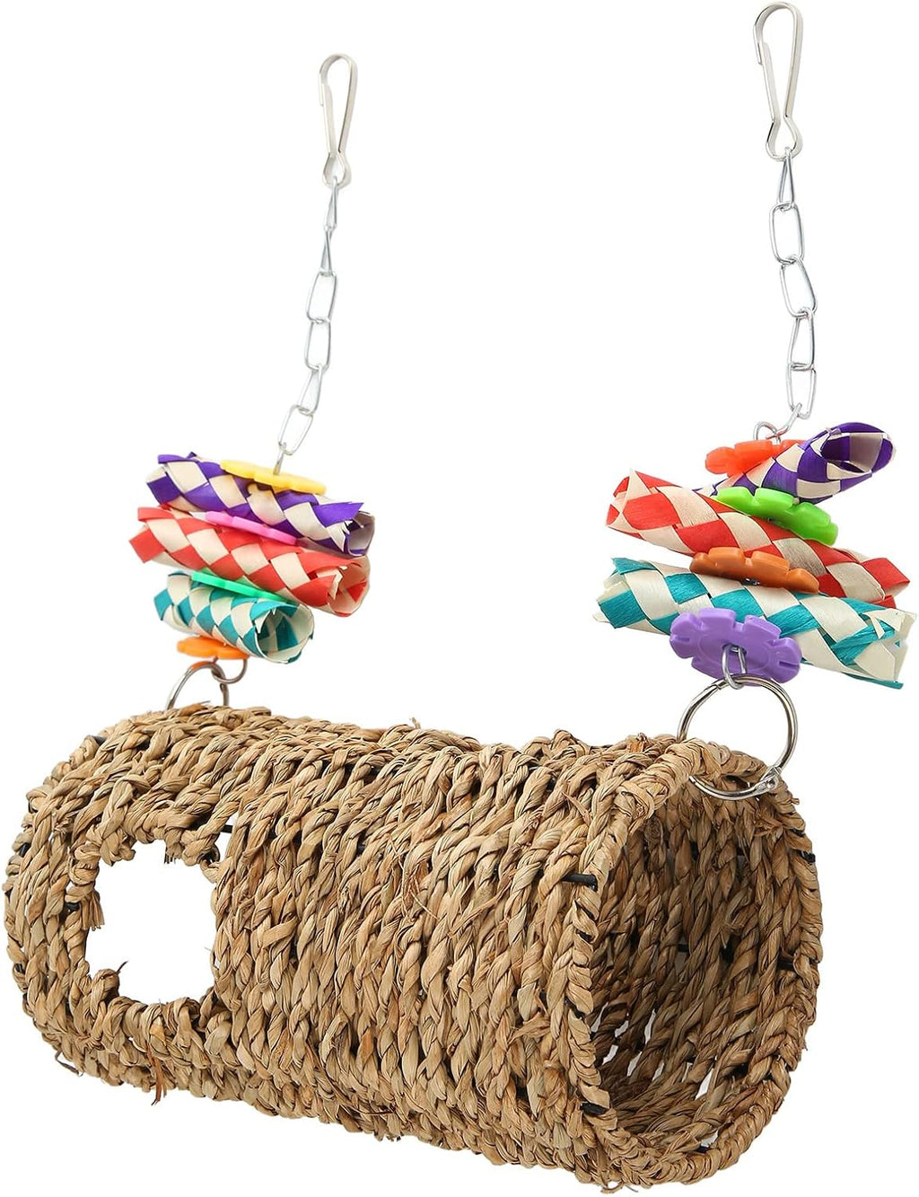 Grass Tunnel Toy Hanging Hideout for Birds and Small Animals with Seagrass Rope Bamboo Pieces and Colorful Tubes for Chewing Perching Sleeping