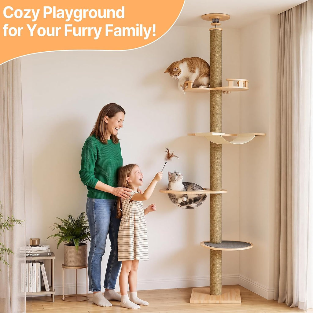 Floor to Ceiling Cat Tree Tower, 4T Adjustable Height 93.3-113”