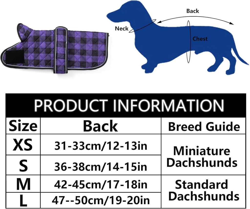 Waterproof Warm Thermal Quilted Dachshund Coat with Warm Fleecy Lining Inside,Outdoor Dog Apparel with Adjustable Bands for Small,Medium Dog-Purple-M