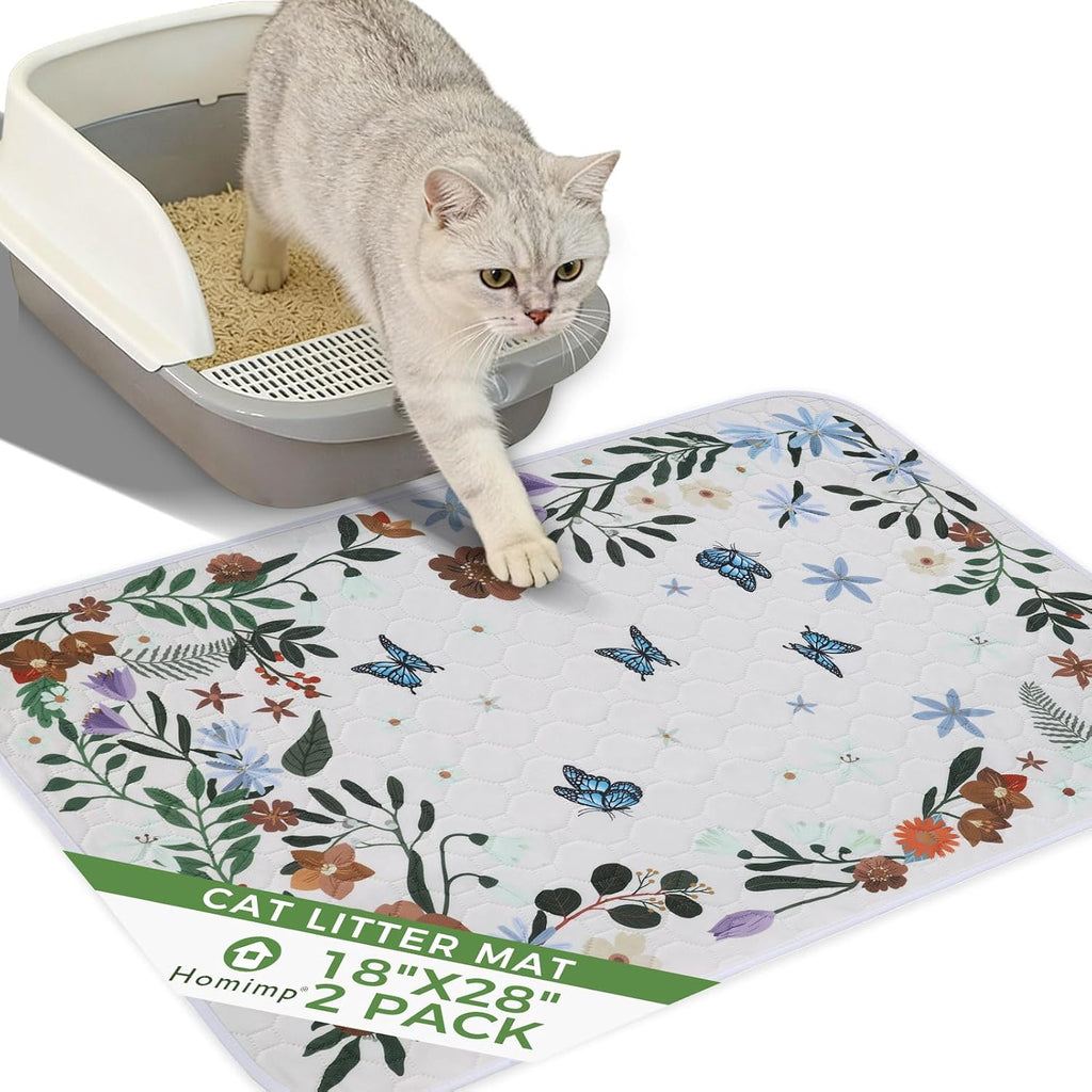 Homimp Cat Litter Mat, Litter Trapping Mat 2 Pack, Contains Mess from Box, Protects Floors,Urine Waterproof,Non-slip,Less Waste Cat Litter Box Mat,Soft on Kitty’s Paws,Washable,Absorbent,White 18"X28"