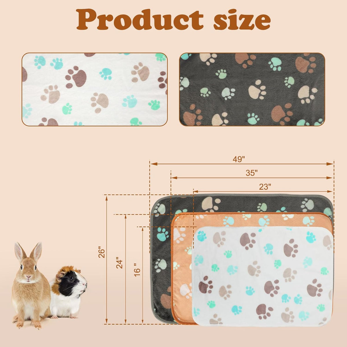 YUEPET Guinea Pig Blankets 3 Pack, Waterproof-Backed Fleece Liners, S