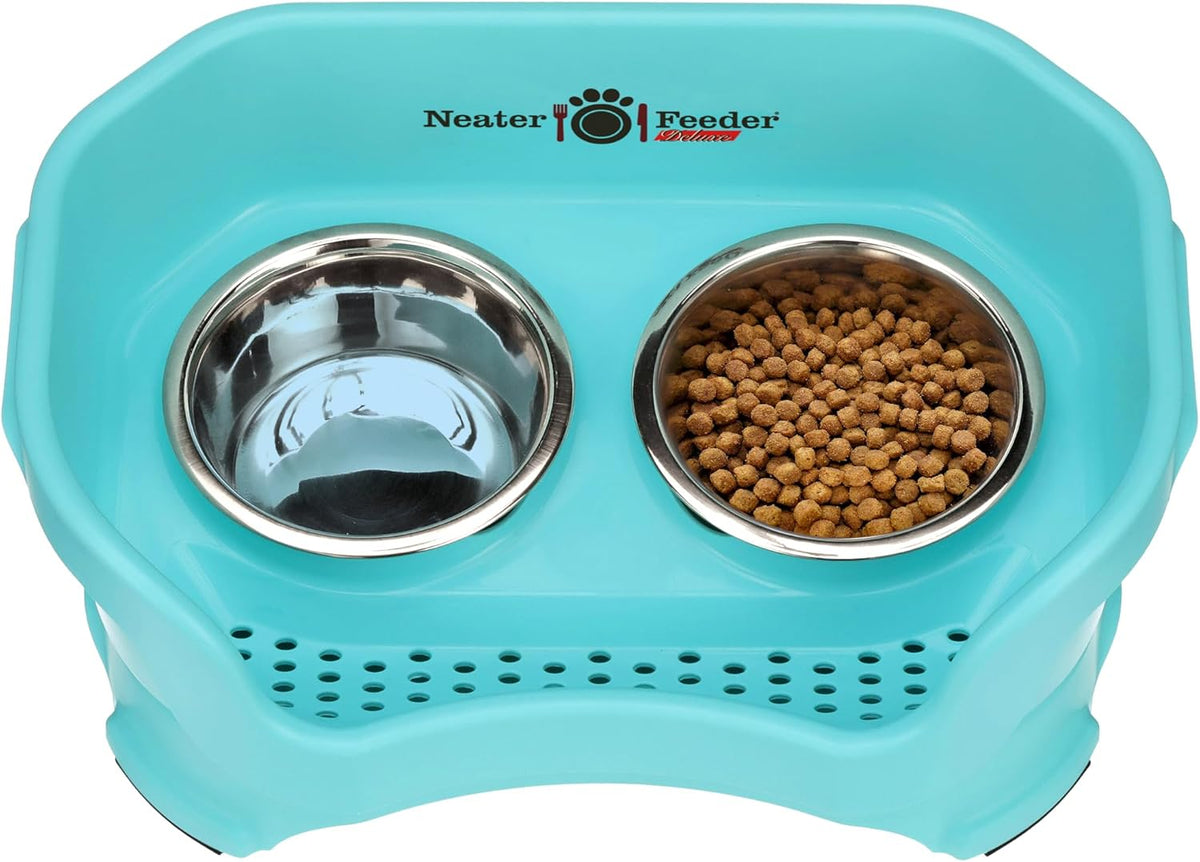 Neater Pet Brands Neater Feeder Deluxe Mess Proof Dog Bowls Elevated for Small Dogs Under 19 lbs, Made in USA, No Spill Raised Dog Food Bowl Stand Feeding Station, Food and Water Bowl Set, Aquamarine