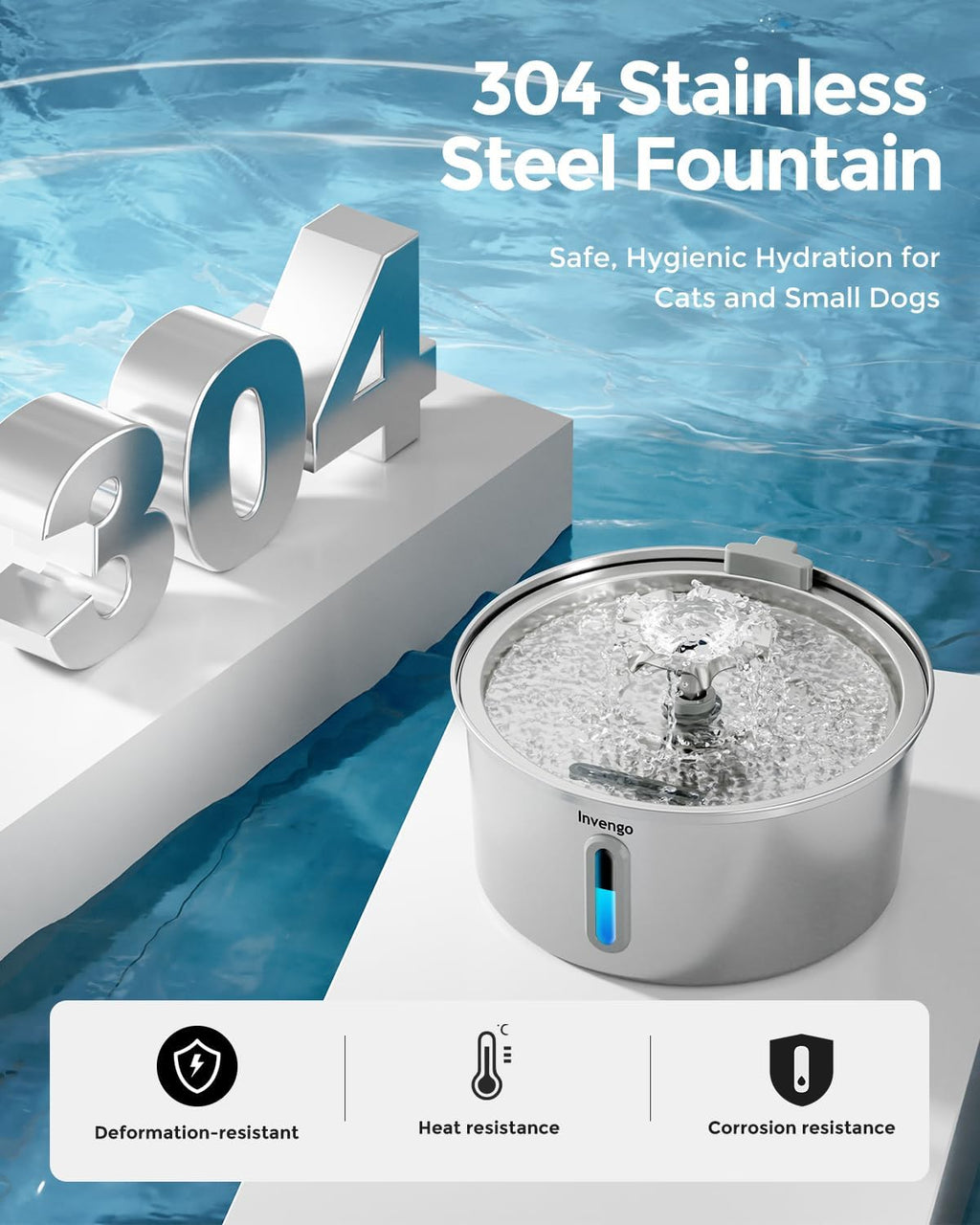 Invengo Cat Water Fountain Stainless Steel 3.2L/108oz, Pet Fountain