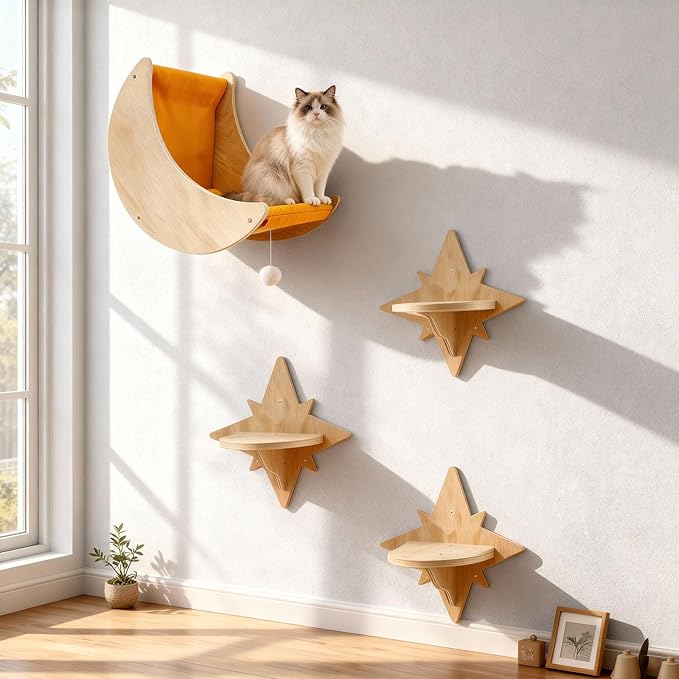 Cat Wall Shelves, Moon and Star Cat Wall Furniture by Qlfyuu