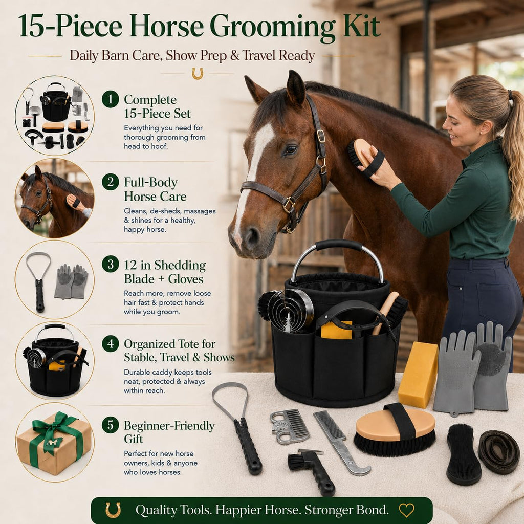 Horse Grooming Kit For Care Bathing & Shedding Brushes & Curry Combs with Organizer Bucket & Silicone Grooming Gloves All-in-One Supplies for Enthusiasts & Professionals