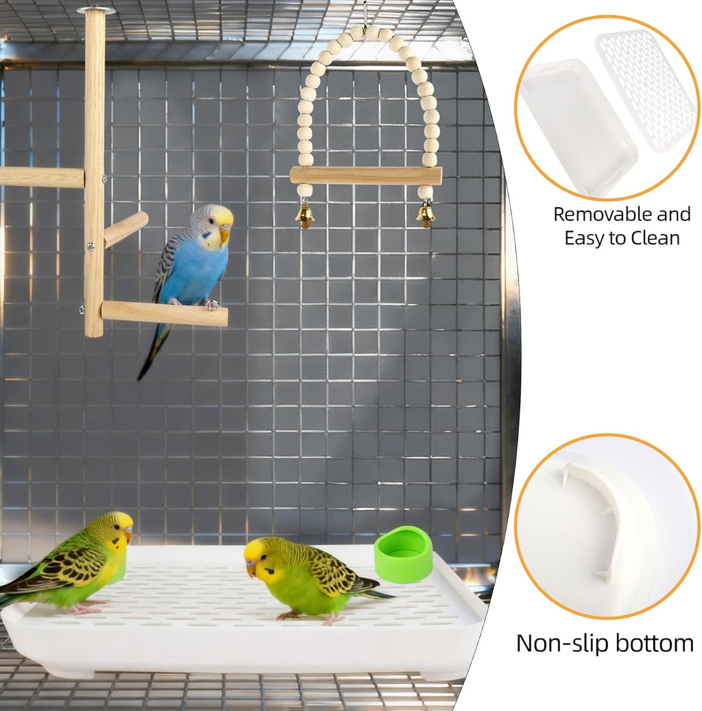 4 In 1 Bird Playground Stan with Large Tray, Food Bowl, Wooden Bird Play Stand and Swing, Play Gym & Accessories for Parrots Cockatiels Conures Parakeets Lovebirds