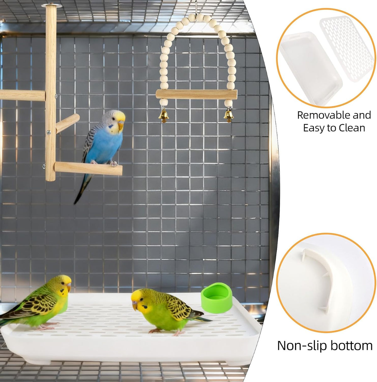 4 In 1 Bird Playground Stan with Large Tray, Food Bowl, Wooden Bird Play Stand and Swing, Play Gym & Accessories for Parrots Cockatiels Conures Parakeets Lovebirds