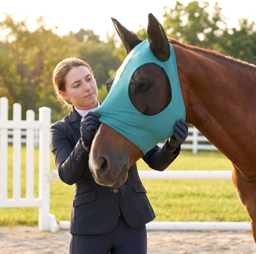 Horse Fly Mask – Nylon-Spandex Face with Breathable Mesh Eyes & Ears, UV Protection Soft Edging Prevents Chafing, Durable & Easy to Clean for Horses & Ponies, Size M
