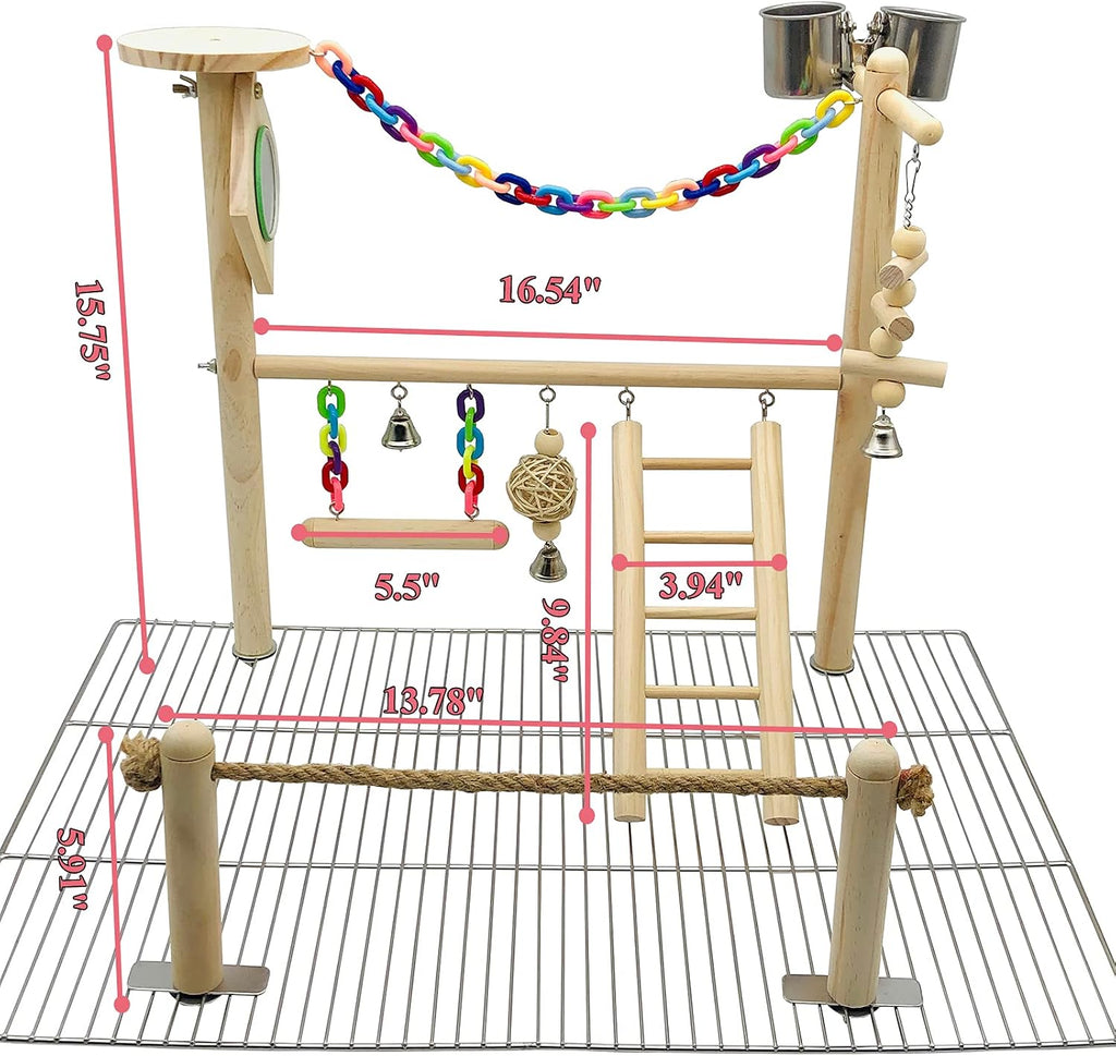 Bird Playground Top Cage, Parrot Gym Hanging Chewing Toys, Cage Top Play Stand for Conure, Parakeets, Budgie, Cockatiels, Lovebirds, Wood Perch Toys