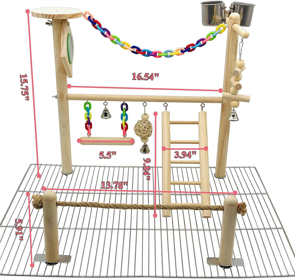 Bird Playground Top Cage, Parrot Gym Hanging Chewing Toys, Cage Top Play Stand for Conure, Parakeets, Budgie, Cockatiels, Lovebirds, Wood Perch Toys
