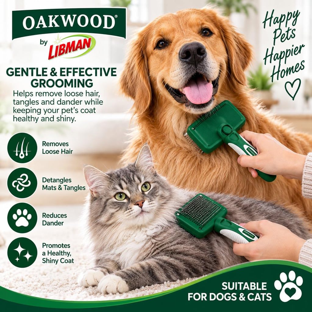 Oakwood by Libman Self Cleaning Slicker Brush for Dogs & Cats – Dog Brush for Shedding, Detangling & Grooming – Removes Loose Hair, Tangles & Dander – Click-to-Clean – Long, Short, Curly & Wiry Coats