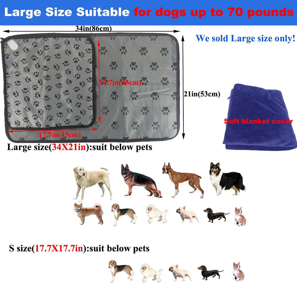 Pet Heating Pad for Large Dogs & Cats - 34"x21" Waterproof Heated Bed with Chew-Resistant Cord, Adjustable Temperature & Removable Washable Cover