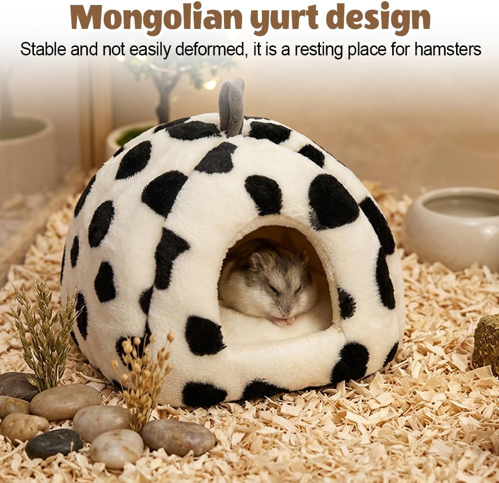 Hamster Hideout Bed, 5.91 inch Plush Small Animal Yurt House with Removable Cushion, Soft Coral Fleece Guinea Pig Warming Den for Chinchillas Hedgehogs