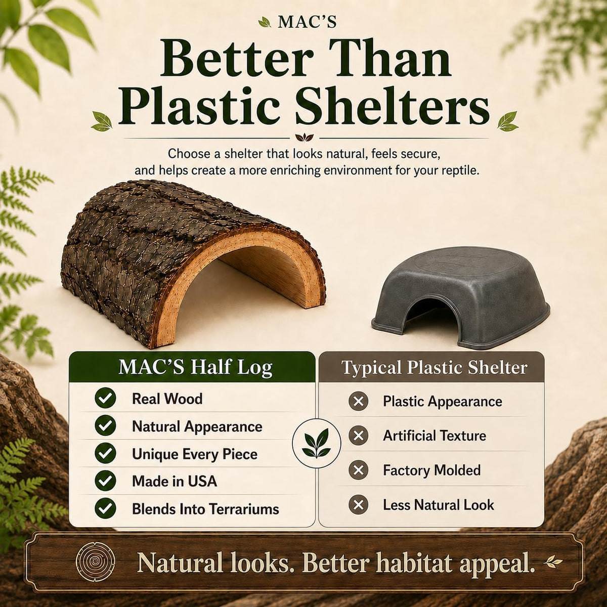 MAC'S Reptile Hideout Half Log, Extra Large - Natural Wooden Hide for Reptiles, Amphibians & Small Animals - Made in USA - Natural Terrarium Shelter for Snakes, Lizards, Geckos, Frogs & More