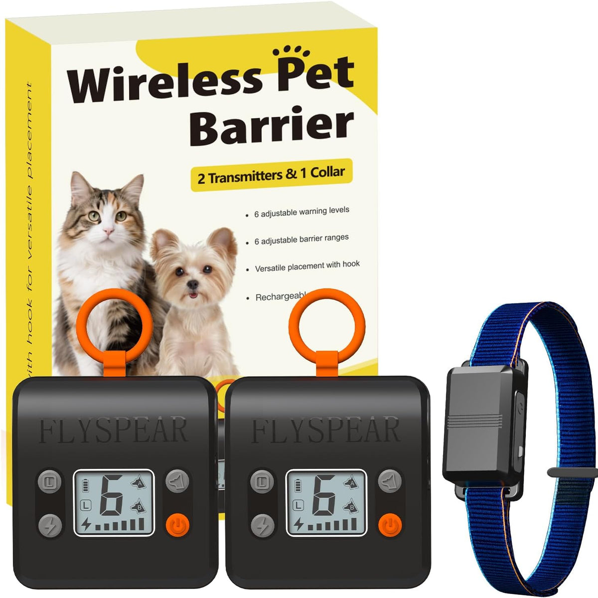 Wireless Cat Barrier with 2 Transmitters - Rechargeable Indoor Barrier with 6 Adjustable Range Radius up to 7 ft, 6 Adjustable Safe Static Intensity, Fence System for Cats Small Dogs with Hook