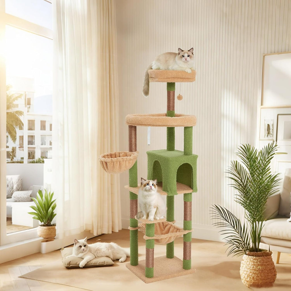 67-Inch Cat Tree with Bed, Hammock, Observation Deck, Plush Platform & Toy Ball for Indoor Cats (Green + Yellow)