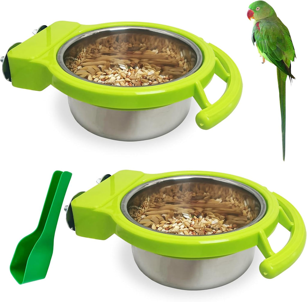 BNOSDM 2 PCS Bird Feeding Dish Cups Perch Stand Hanging Stainless Steel Bird Bowls Food Container Food and Water Bowls with Spoon for Budgie Cockatoo Finch Lovebirds Pigeons (White)