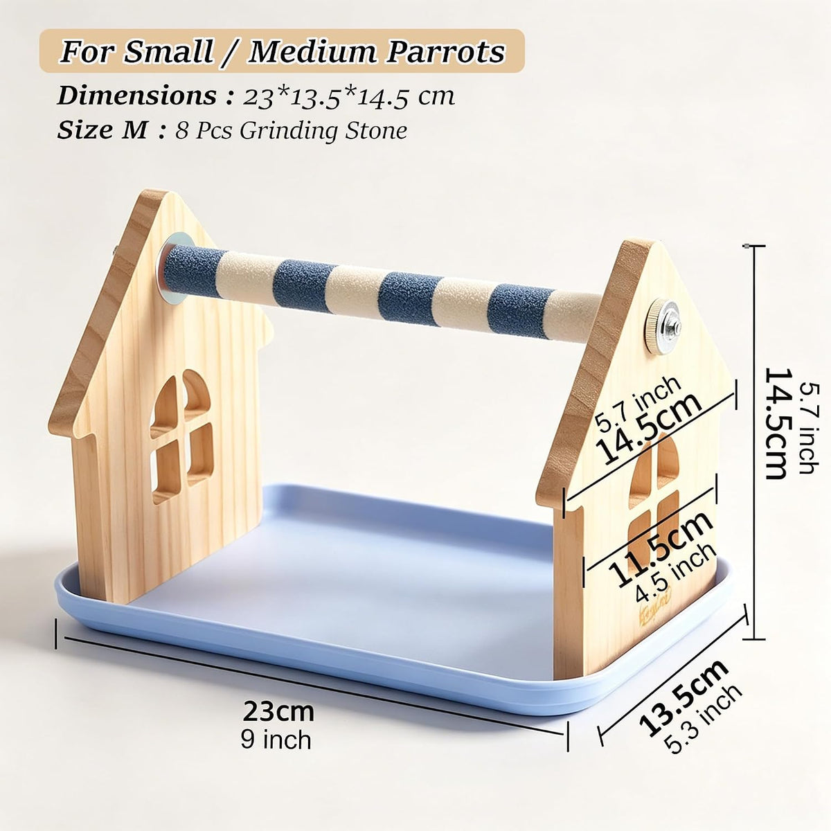 Wood Bird Perches Stand，2-in-1 Parrot Perch Stand，Portable Bird Stand，9.1''L*5.3''W*5.7''H Bird Training Perch with Removable Plastic Tray for Small and Medium-Sized Birds Play Stand(Room-Blue)