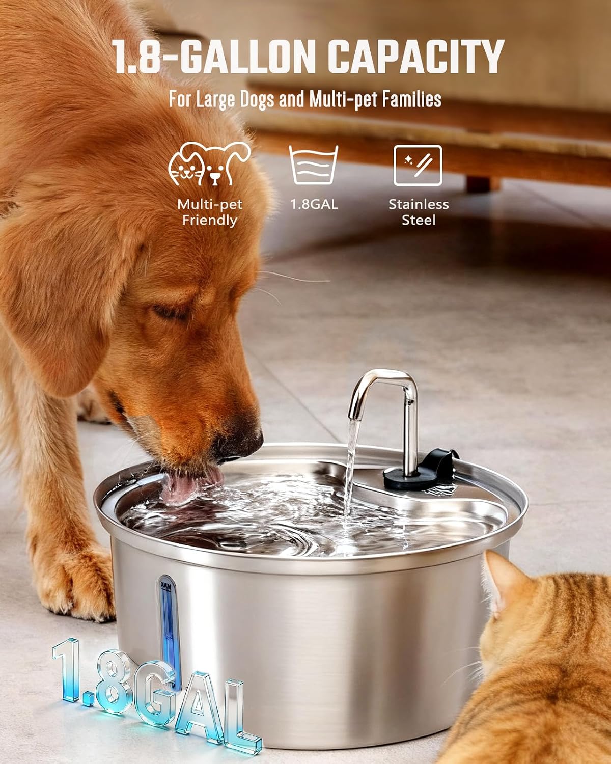 Dog Water Fountain 7L/1.8Gal, 304 Stainless Steel (1fountain+2filters)