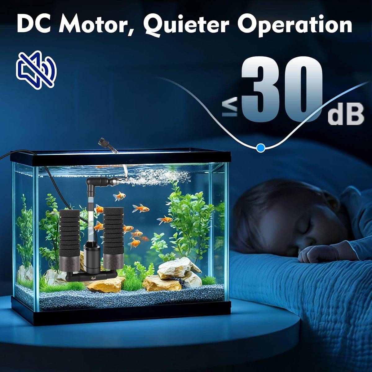 AQQA Electric Sponge Filter for Aquarium, Quiet USB Powered Sponge Filter