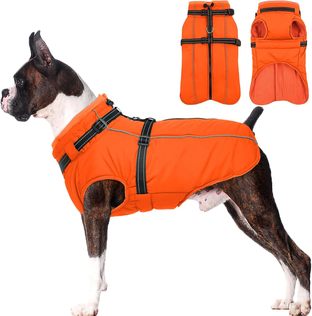 Lelepet Dog Winter Coat Waterproof Dog Jacket with Harness Built in Orange