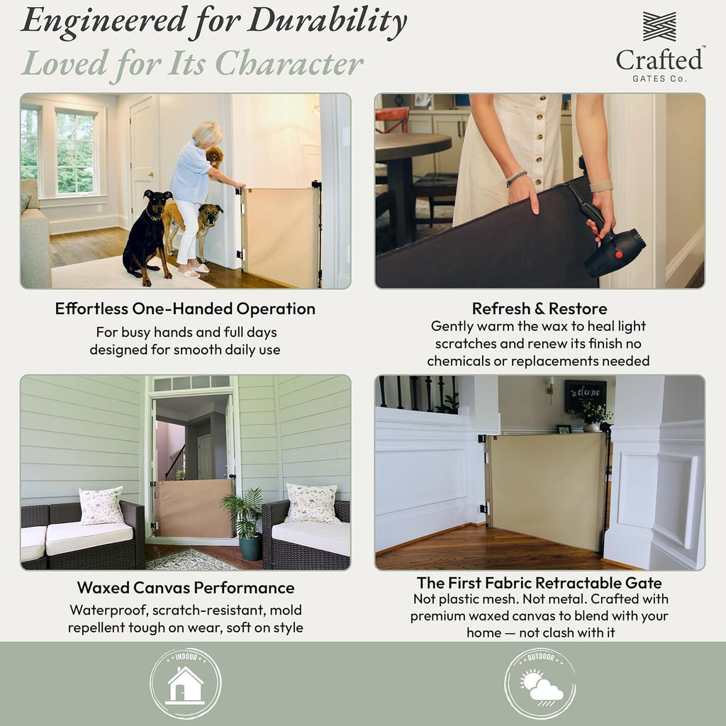 Crafted Gates Oil Waxed Canvas Fabric Retractable Dog Gate Indoor & Outdoor 27.6"–55" Wide x 33" Tall – Premium Designer-Grade Stair Gate for Dogs, Water Resistant, Scratch-Proof – Sand-Black