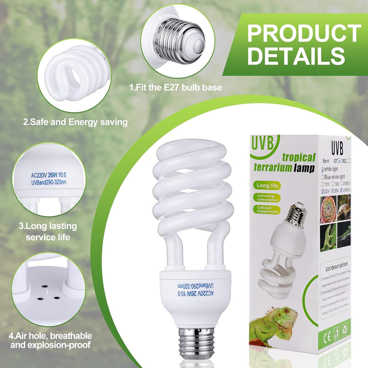 Reginary 4 Pcs Reptile Uvb Bulb 10.0 26w, Uvb Light for Bearded Dragon