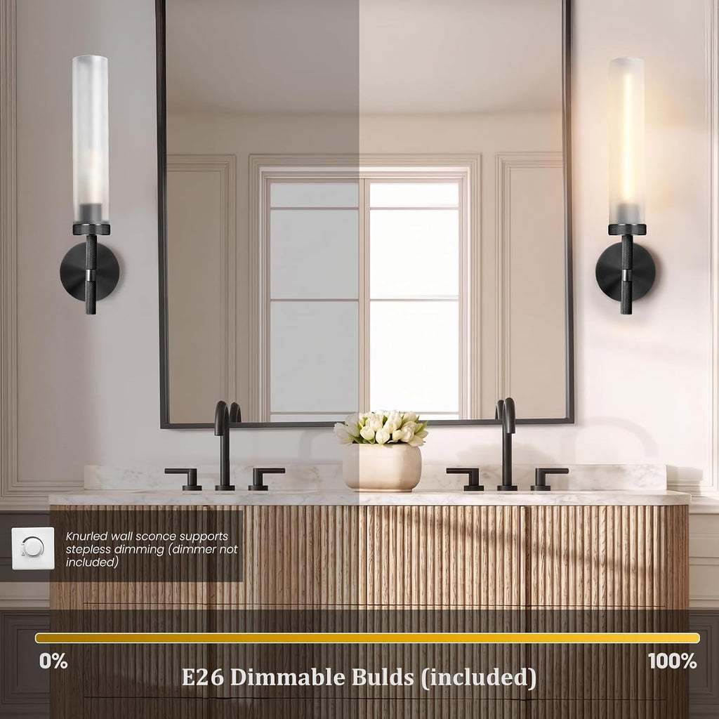 Bblack Knurled Wall Sconce 20", Bathroom Wall Sconce,Glass Tube Brass Sconces Wall Lighting,Bathroom Sconces Side of Mirror,Vanity Sconce Lights for Bath